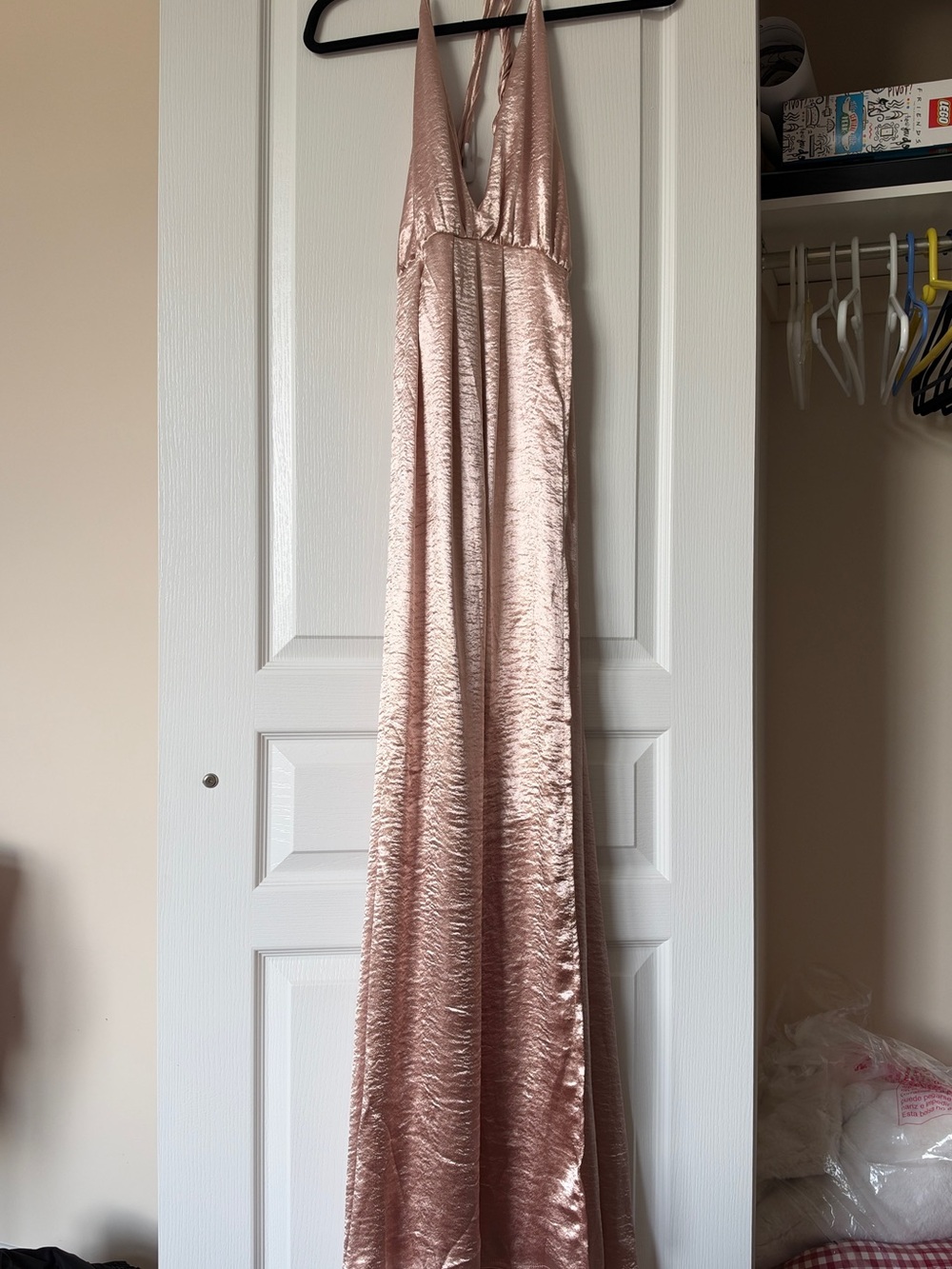 Sleeveless Deep V Halter Tie Rose Gold Satin Floor Gown